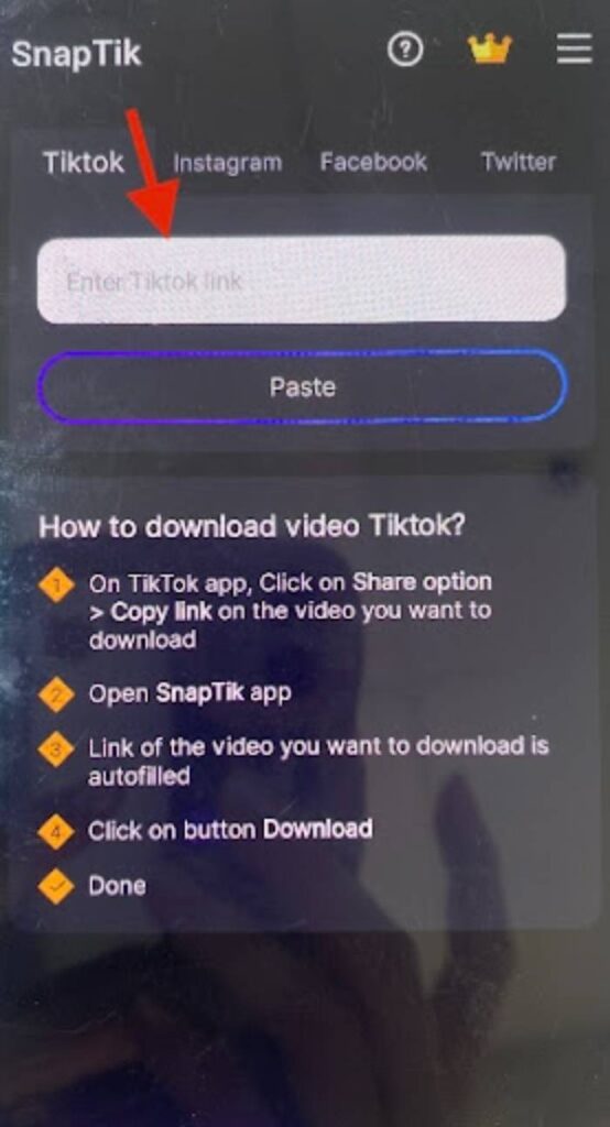 Paste URL yang Sudah Disalin ke Kolom Enter TikTok Link- Tempelkan URL yang sudah disalin tadi ke dalam kolom yang biasanya bertuliskan Enter TikTok Link di aplikasi SnapTik