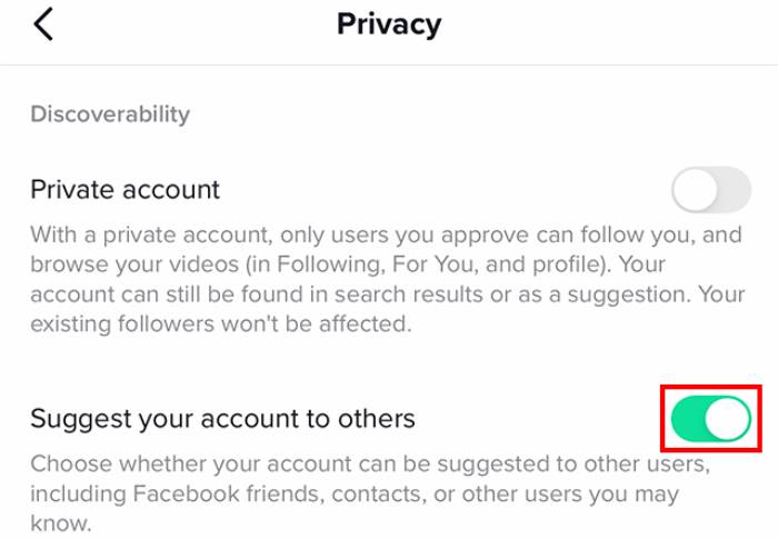 Pilih opsi “Privasi” dan klik bagian “Suggest Your Account to Others”