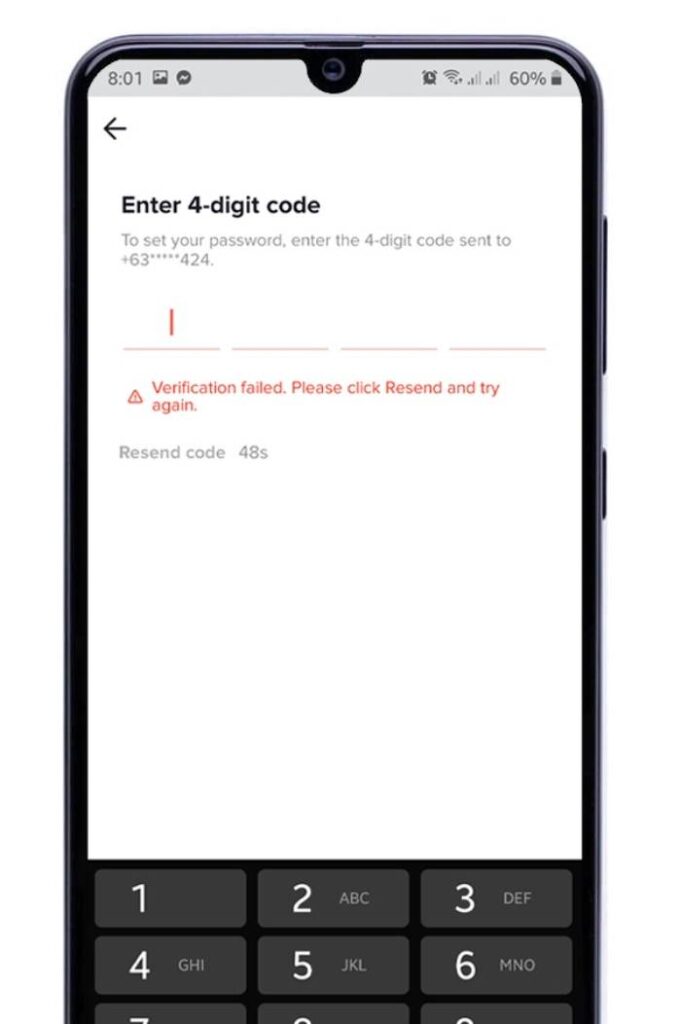 TikTok akan mengirimkan kode OTP melalui SMS ke nomor telepon yang terdaftar